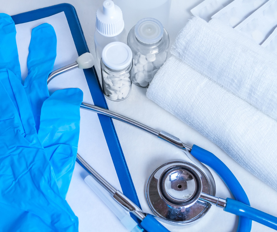 Medicine equipment, including gloves, tablets, telescope, and bandaids