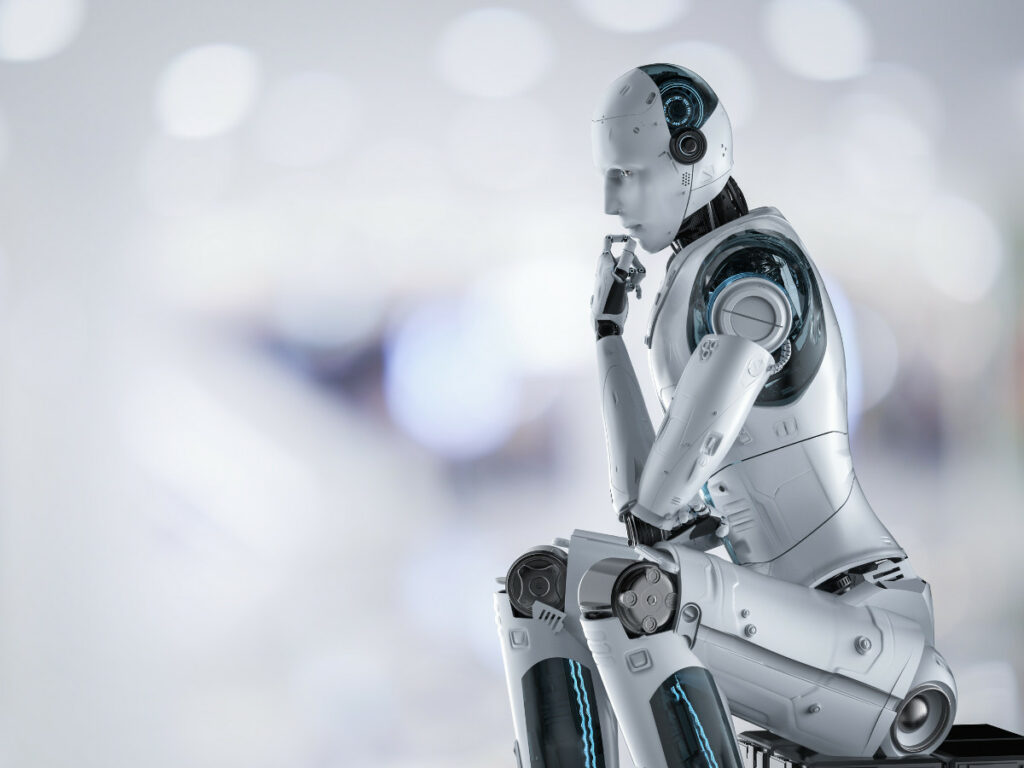 A human robot sitting.