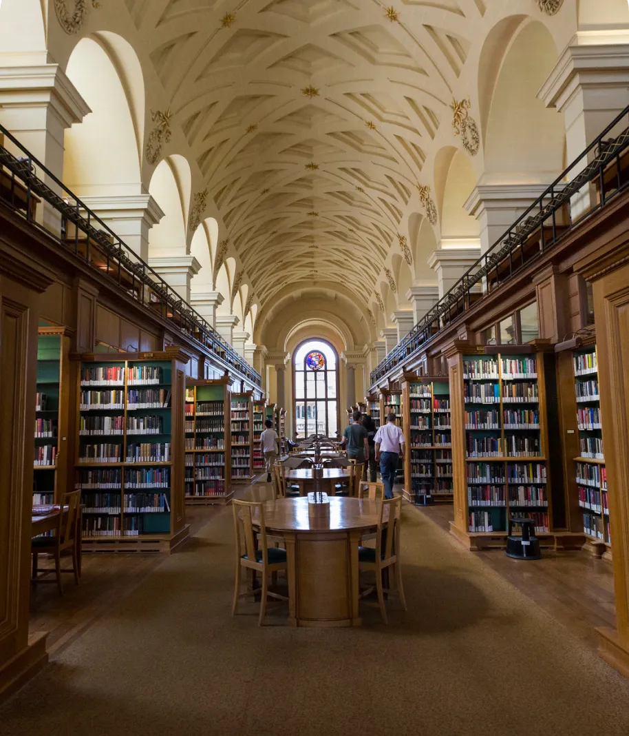 Tables and chair between bookshelves