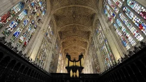 a low angle view inside of a chapel