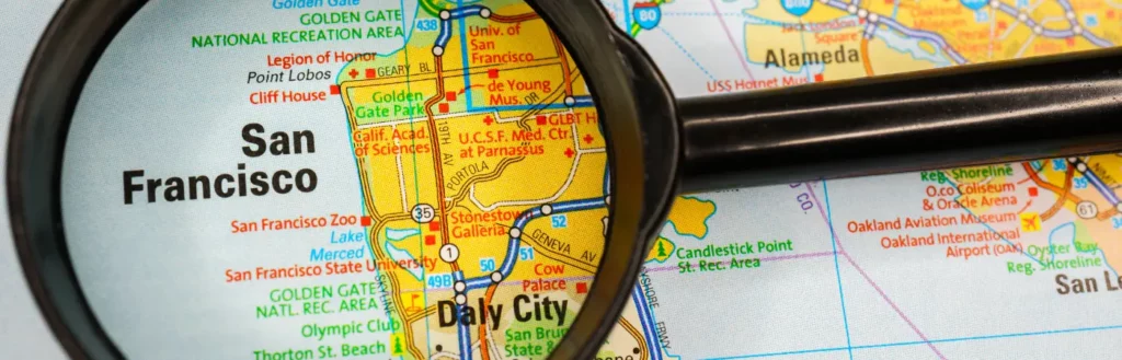 Magnifying glass on map of San Francisco