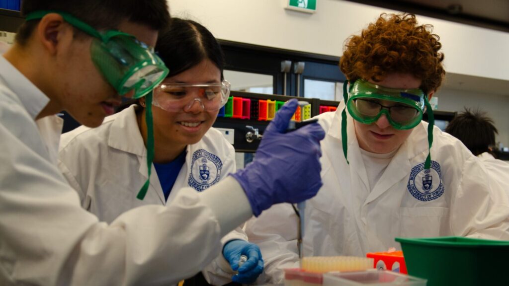 A trio of students wearing gloves, lab coats, and goggles while working on an experiment in a lab