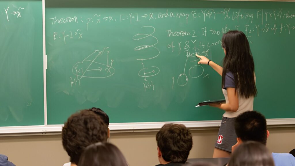 An instructor explaining math concepts on a chalkboard as students listen