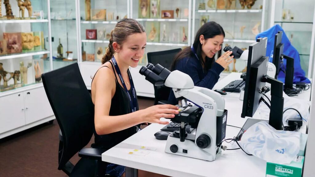 Two students sitting at a table and examining something using microscopes