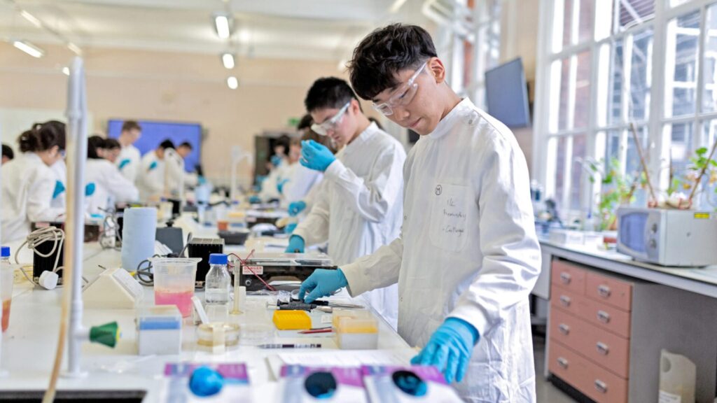 Students conducting experiments at a college laboratory.